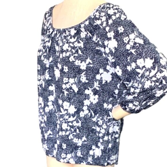 Michael Kors Cotton Modal Floral Peasant Top L Blue & White 134i - Picture 3 of 7